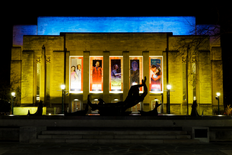 The IU Auditorium lit up with yellow and blue lights in support of Ukraine.
