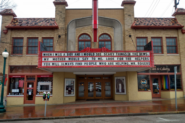 The Buskirk-Chumley Theater marquee displays quote from Mr. Rogers.