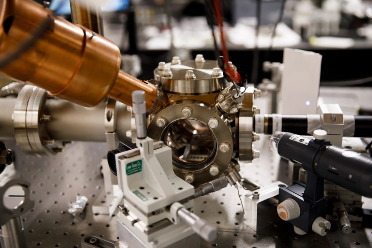 An ion trap is pictured in the Richerme Lab in Simon Hall at IU Bloomington.