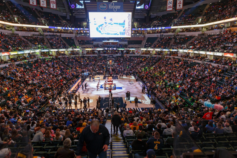a wide view of Bankers Life Fieldhouse for a Indiana Pacers game