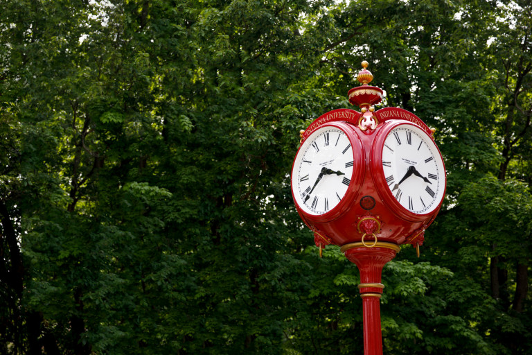 An iconic red clock stands outside the Neal-Marshall Black Culture Center.
