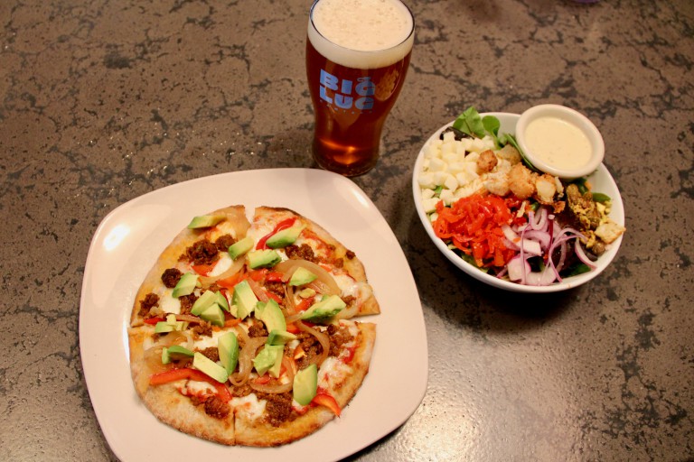 Pizza, beer and salad