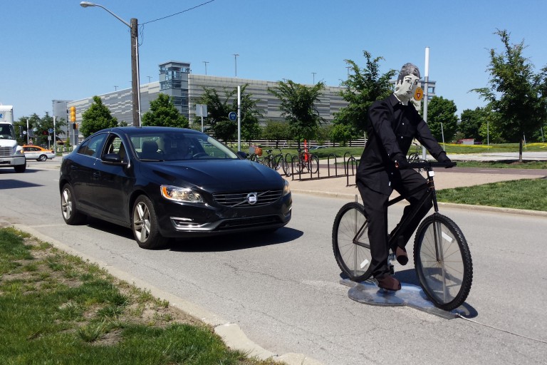 A simulated bike rider is used for testing by IUPUI's Transportation Active Safety Institute.
