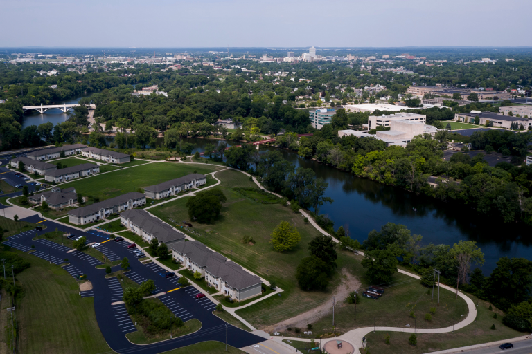 An arial view of the IU South Bend campus and surrounding community