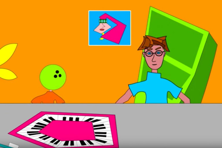 A still from an animated trailer with a figure of Richard Evan Schwartz and many bright colors.
