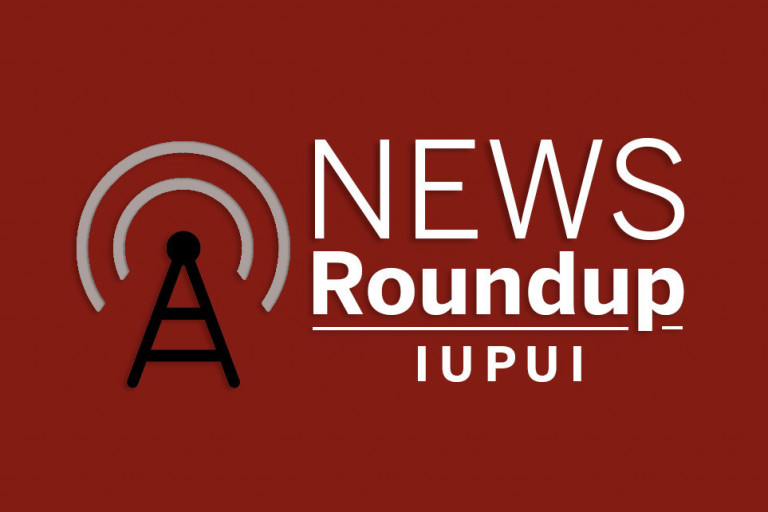 White text on a red background reads News Roundup, IUPUI