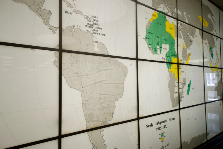 A map of the globe in Ballantine Hall