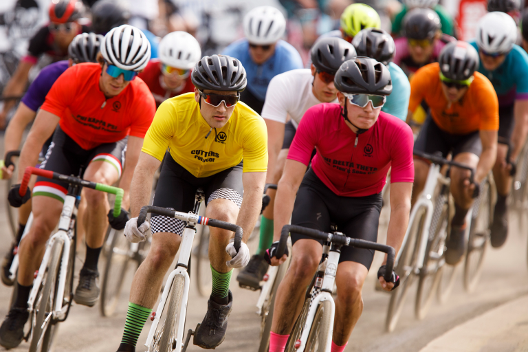 Riders on their bicycles during the 2020 Little 500 men's race