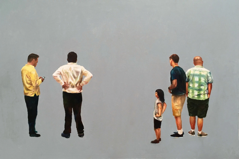 Painting of people standing as if contemplating something that is not there