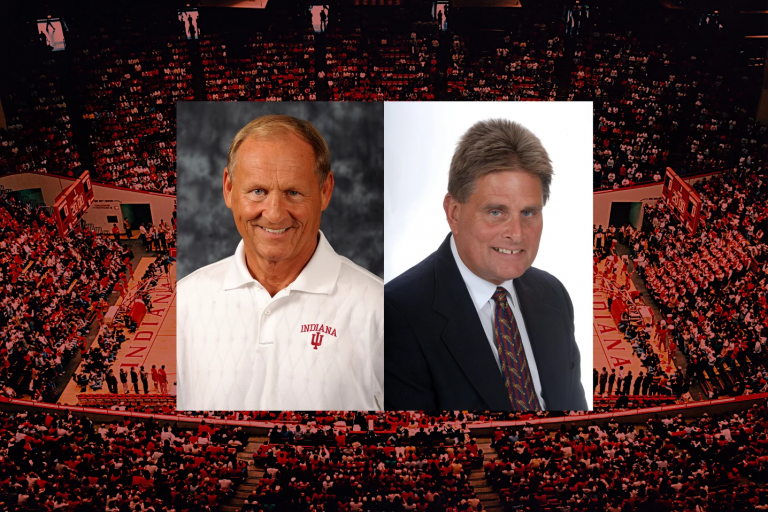 Headshots of Don Fischer and Kit Klingelhoffer superimposed over an Assembly Hall crowd