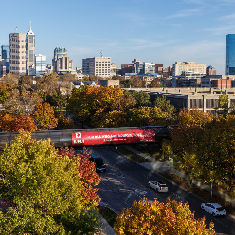 A high view of the Indianapolis skyline and IUPUI campus