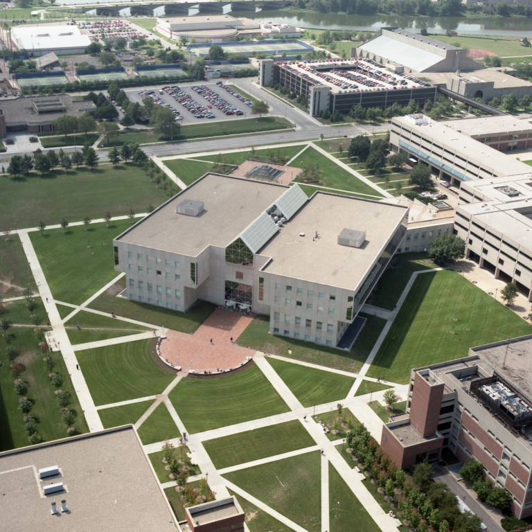 An aerial shot of University Library, circa 1993