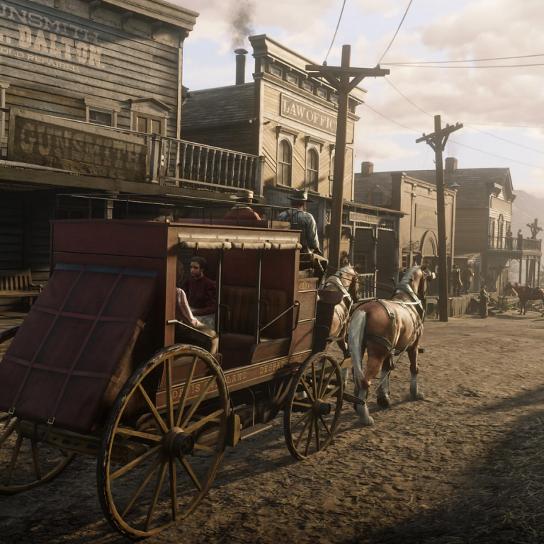 a vintage Western town with wagons and old storefronts