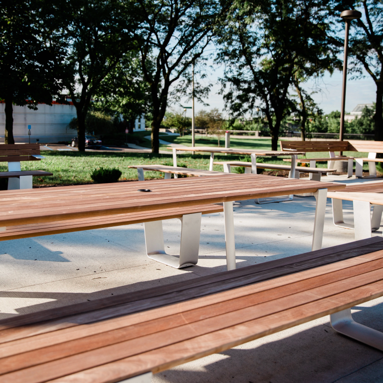 benches and tables in the fitness garden