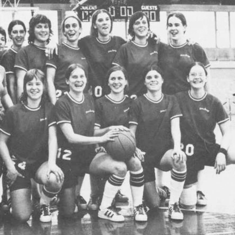 The 1973 IU women's basketball team poses for a photo