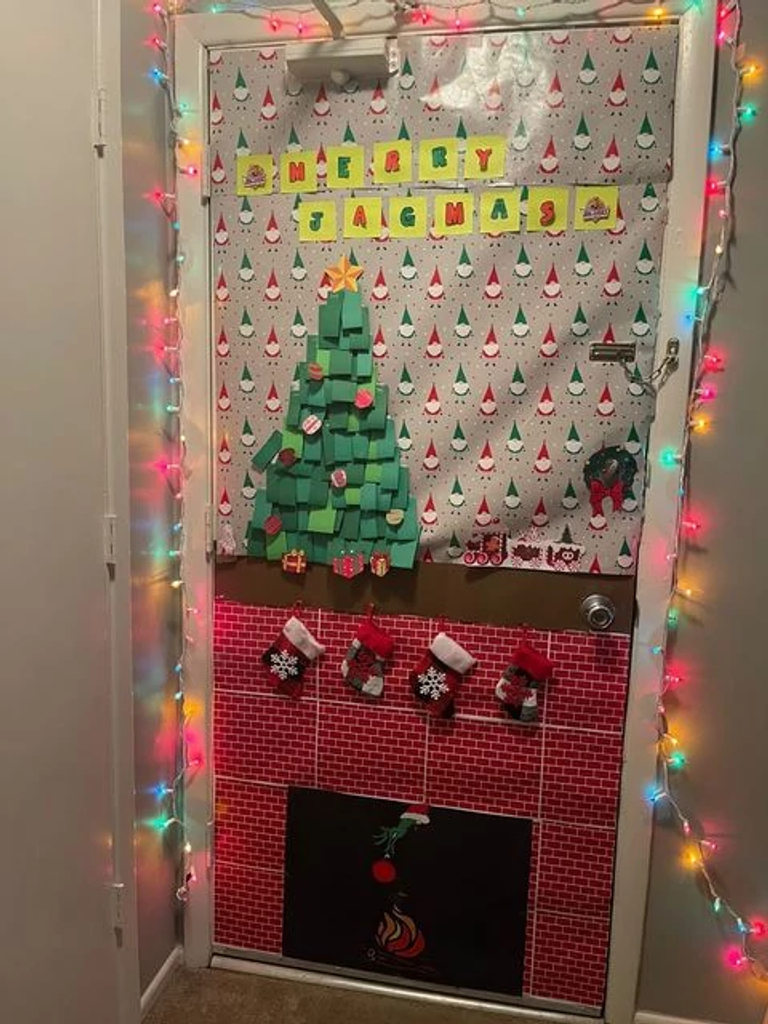 door with Christmas tree