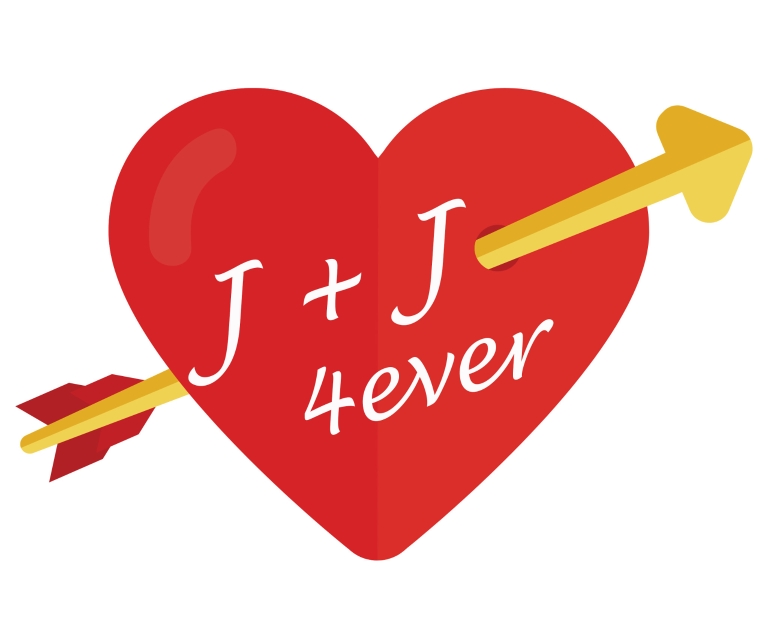 Heart graphic with an arrow going through it with a J plus J forever written inside