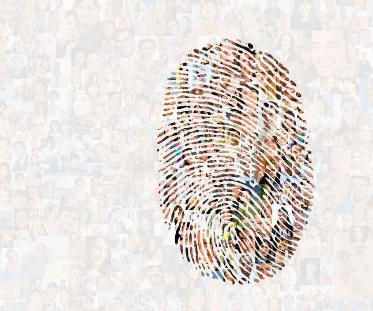 A fingerprint made up of people's faces on a background