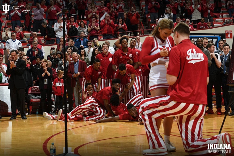 Collin Hartman proposing to Hayley Daniel on the basketball court at Simon Skjodt Assembly Hall