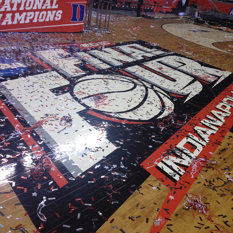 a center court final four logo covered in confetti