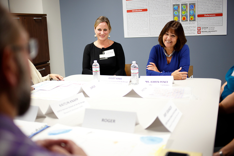 Karen Pence meets with a group of women during her visit to IUPUI