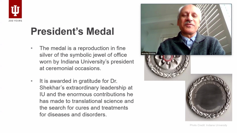 Shekhar is pictured on screen, along with a description of the President's Medal.