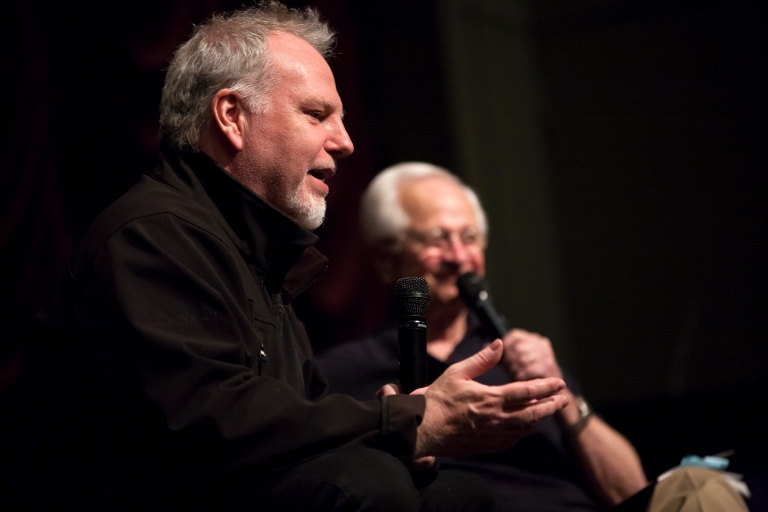 Canadian filmmaker Guy Maddin speaks with IU Professor Emeritus James Naremore at IU Cinema.