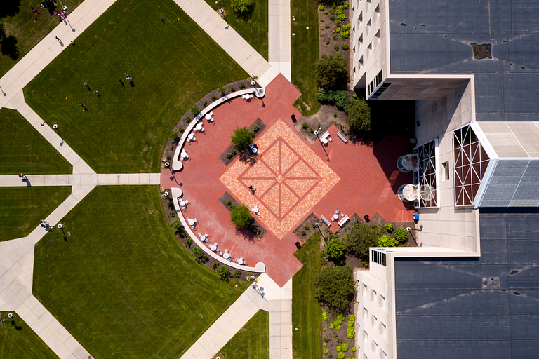 An aerial view of a plaza near IUPUI's University Library
