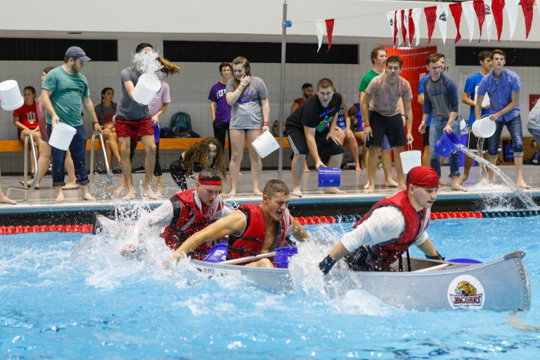 IUPUI students trying to sink each others' canoes during Battleships for Regatta Week.
