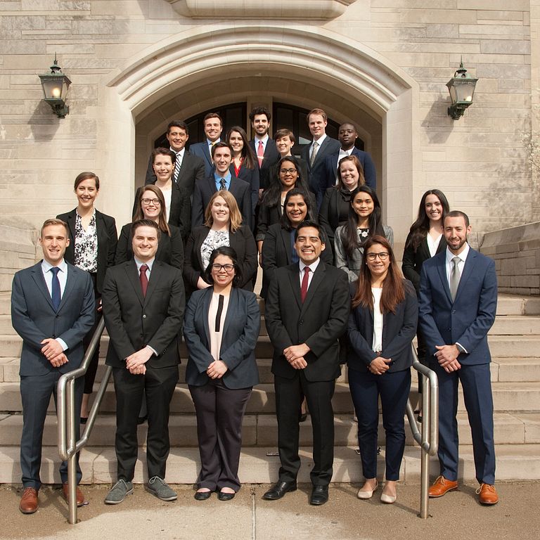 Members of the 2017 class of Stewart Fellows pose on the steps of Baier Hall.