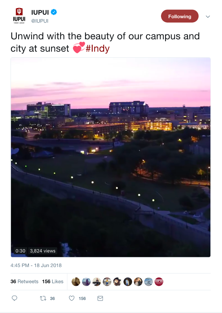 Screenshot of an IUPUI tweet showing a sunset over Indianapois.