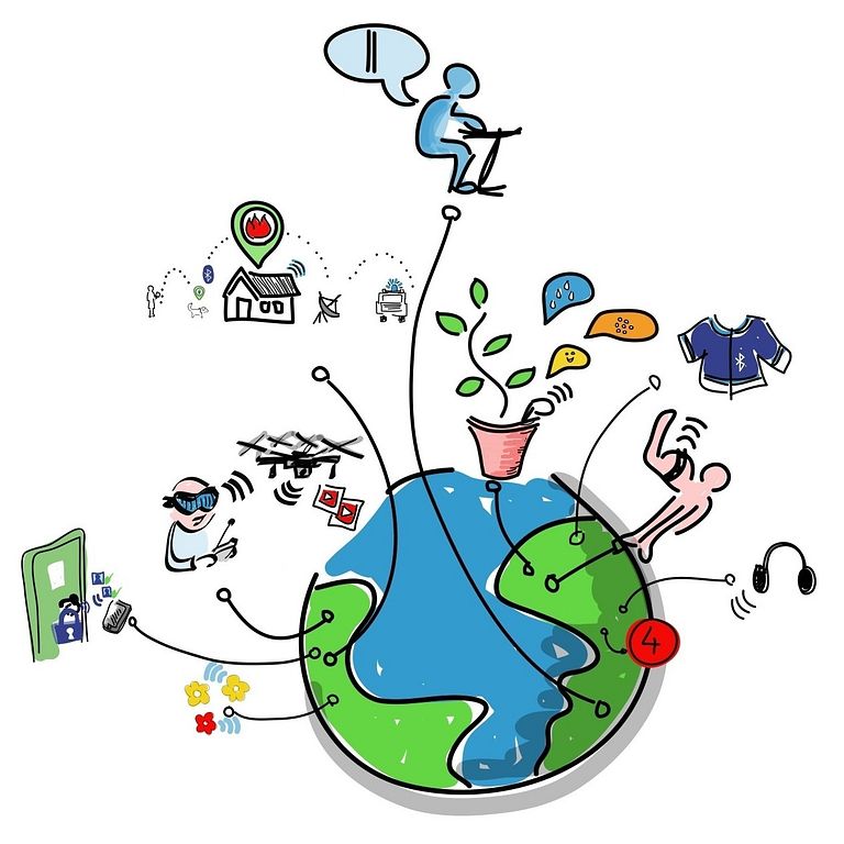 A graphic with a globe surrounded with images depicting scenes related to the internet