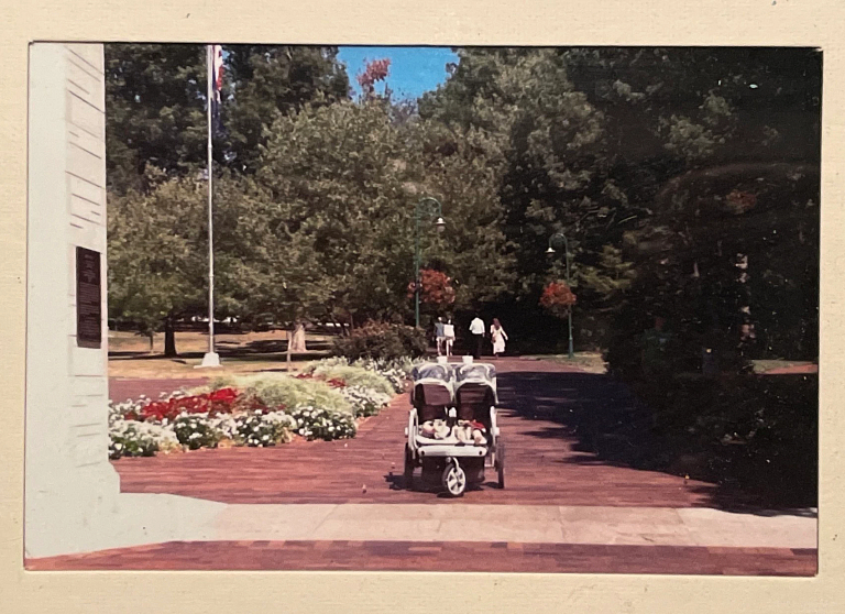 A double stroller sits in between the Sample Gates at IU