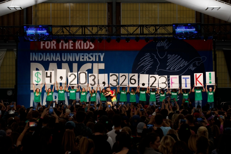 Dancers hold up signs with the total dollar amount raised