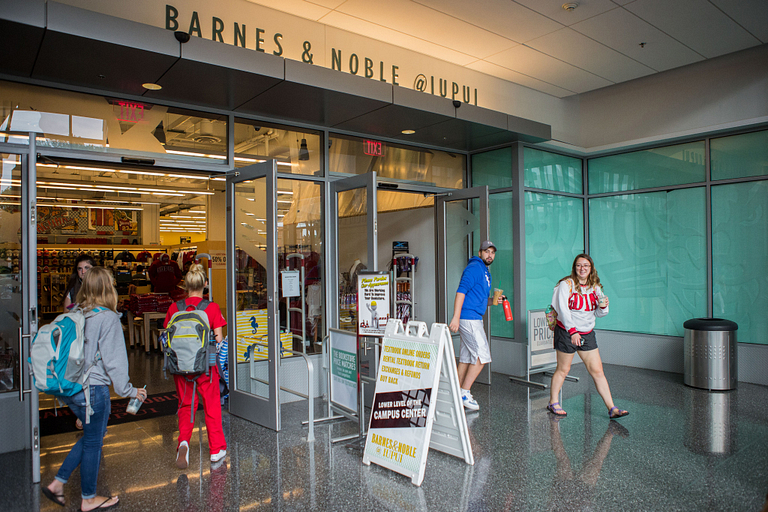 The front entrance of the Barnes and Noble bookstore is shown, with adjacent windows covered.