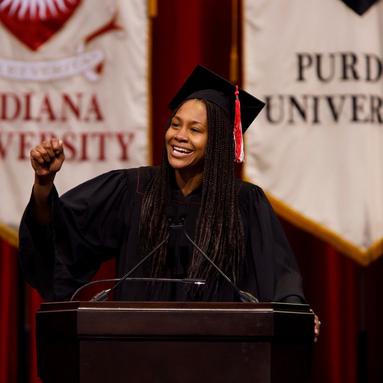 Tamika Catchings speaks during graduation.