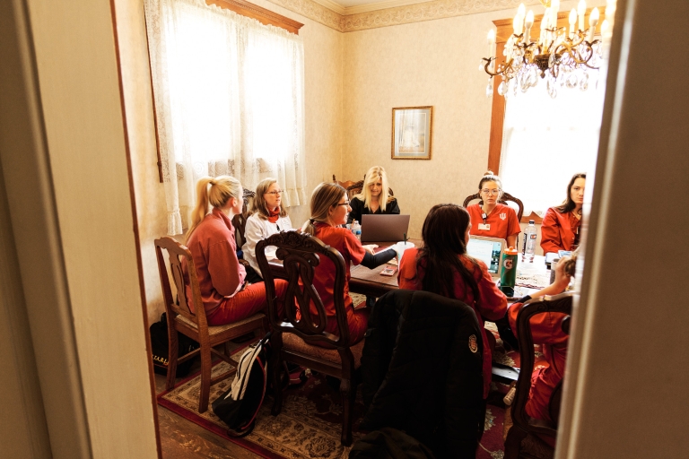 Nursing students meet around a table in Orange County, Indiana