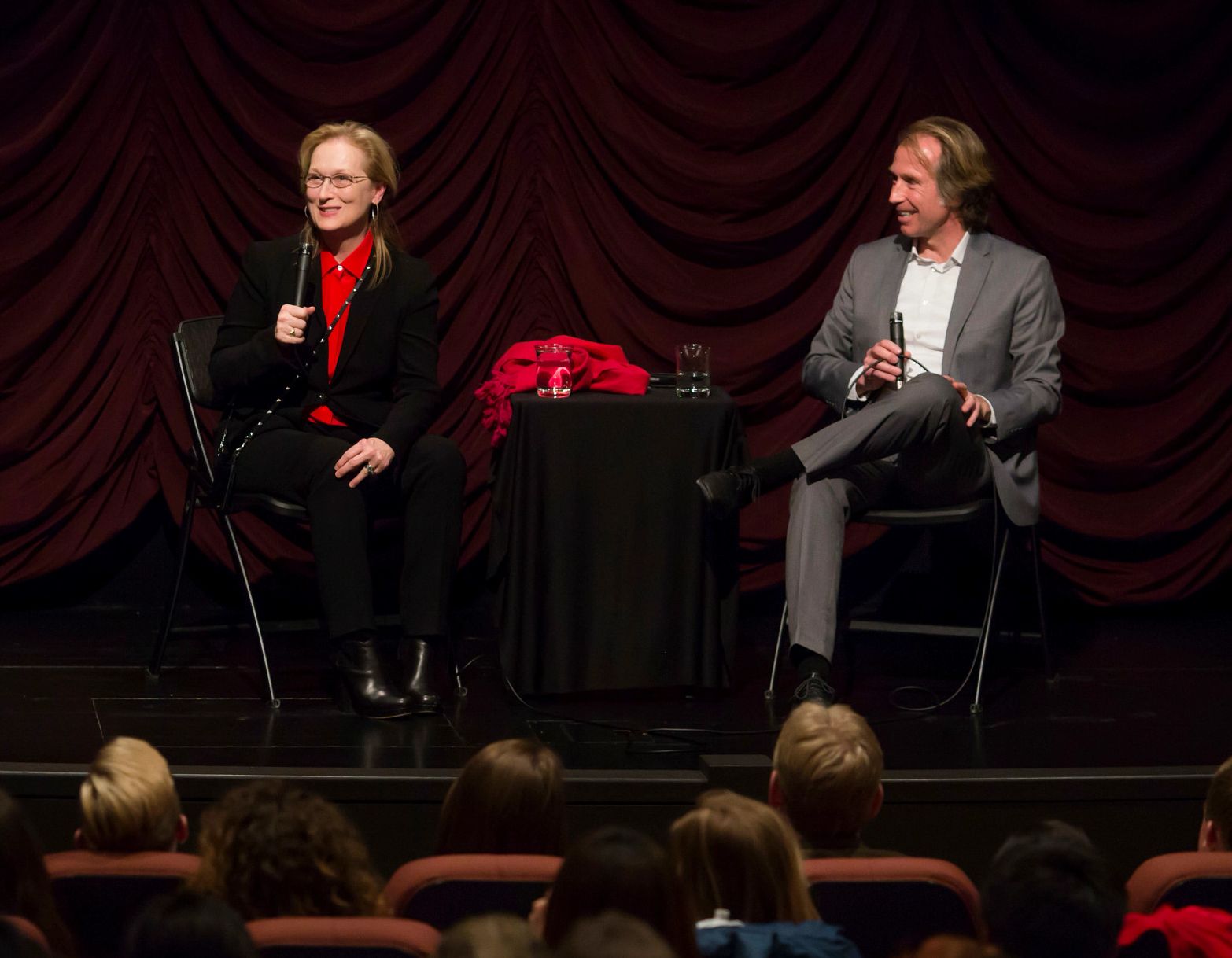 Meryl Streep on stage with Jon Vickers at IU Cinema