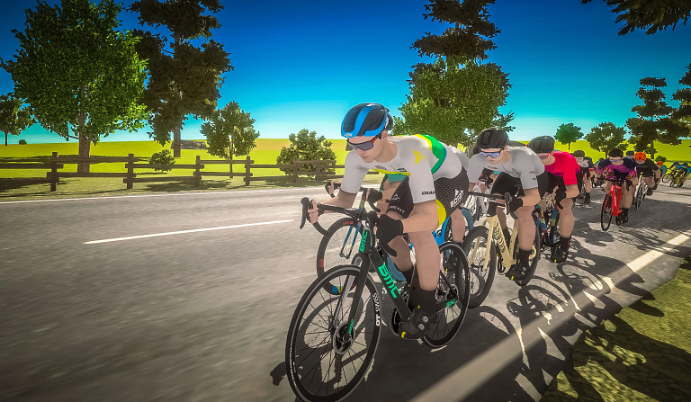 An screenshot of cyclists on a country road in a virtual bike race
