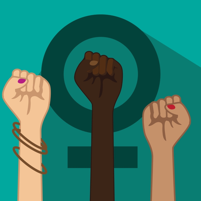 A dark teal female symbol on a teal background with three womens' fists jutting out from the bottom.