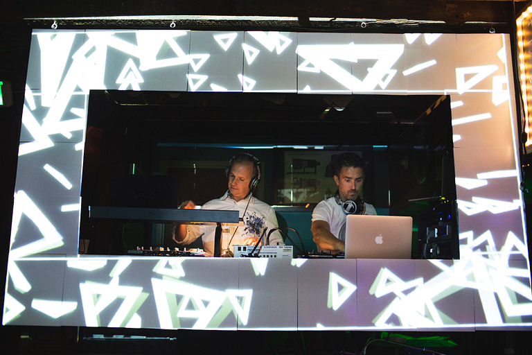 Luis Rocha and Johan Bollen in the DJ booth