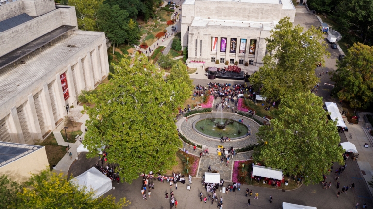 An aerial photo of IU's Fine Arts Plaza