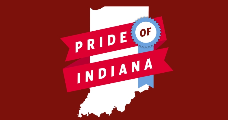 A graphic of the state of Indiana that has a banner over it saying 'Pride of Indiana'