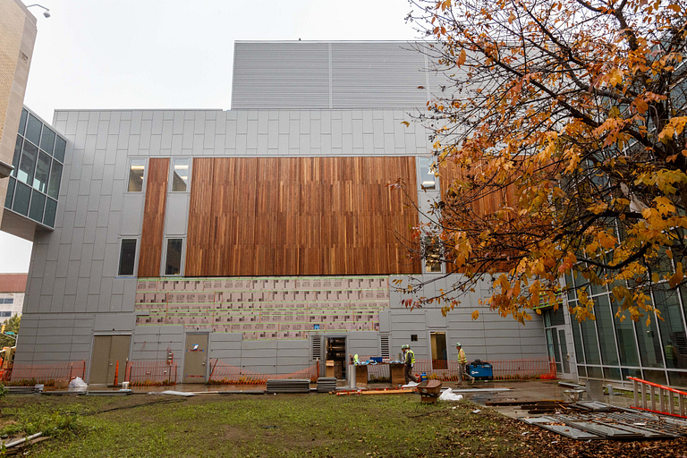 Construction on Dentistry addition features redwood installation
