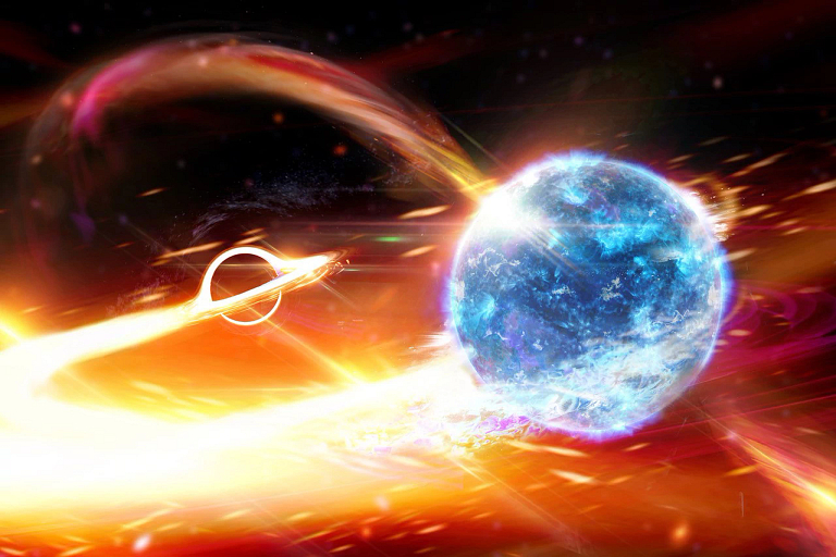 An artistic impression of a neutron star merging with a black hole.