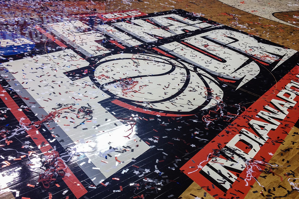 NCAA Final Four floor with confetti on top