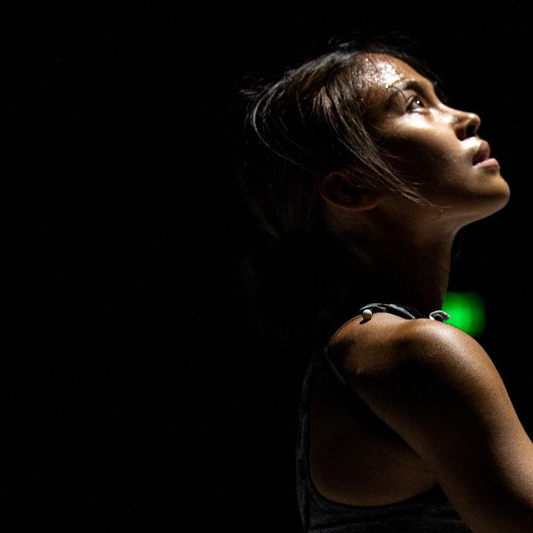 A performer in the Bill T. Jones/Arnie Zane Company rehearses 