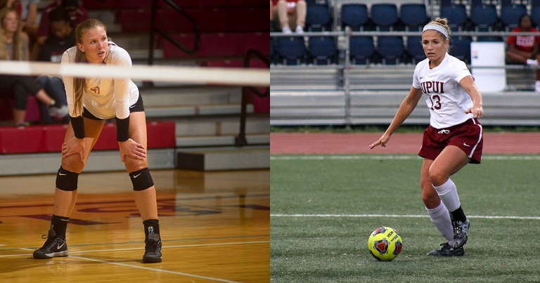 IUPUI student-athletes Kori Waelbroeck on the volleyball court and Sarah Jacobs on the soccer field.