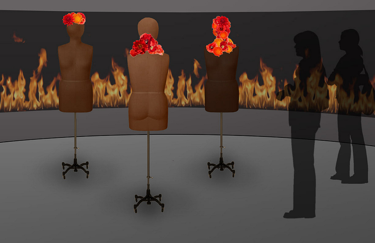 rendering of 'Hot Flashes? Cool!' exhibit piece with dress form mannequins and flowers