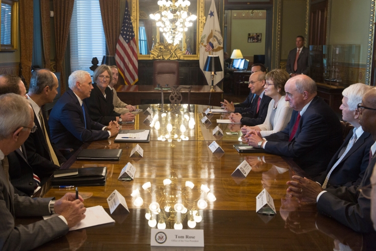 IU President McRobbie with Vice President Pence and other U.S. university presidents.